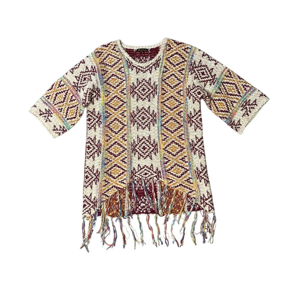 Baciano Southwestern Fringe Short Sleeves‎ Sweater Size Medium Country Navajo
